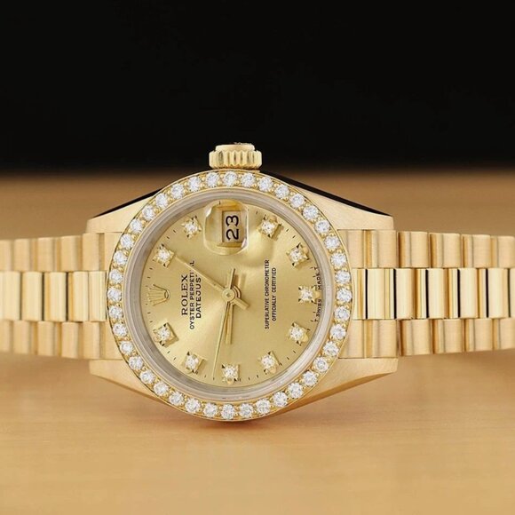 ROLEX LADIES 18K YELLOW GOLD CHAMPAGNE FACTORY DIAMOND PRESIDENT WATCH BOX TAG - Picture 4 of 10